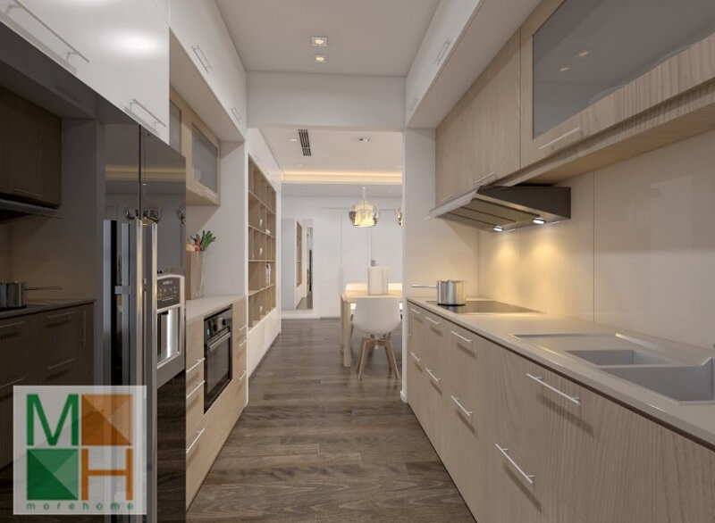 Mẫu thiết kế hệ tủ bếp gỗ đẹp sử dụng gỗ công nghiệp An Cường cao cấp màu sáng mang đến vẻ đẹp cho phòng bếp Thiết kế chung cư